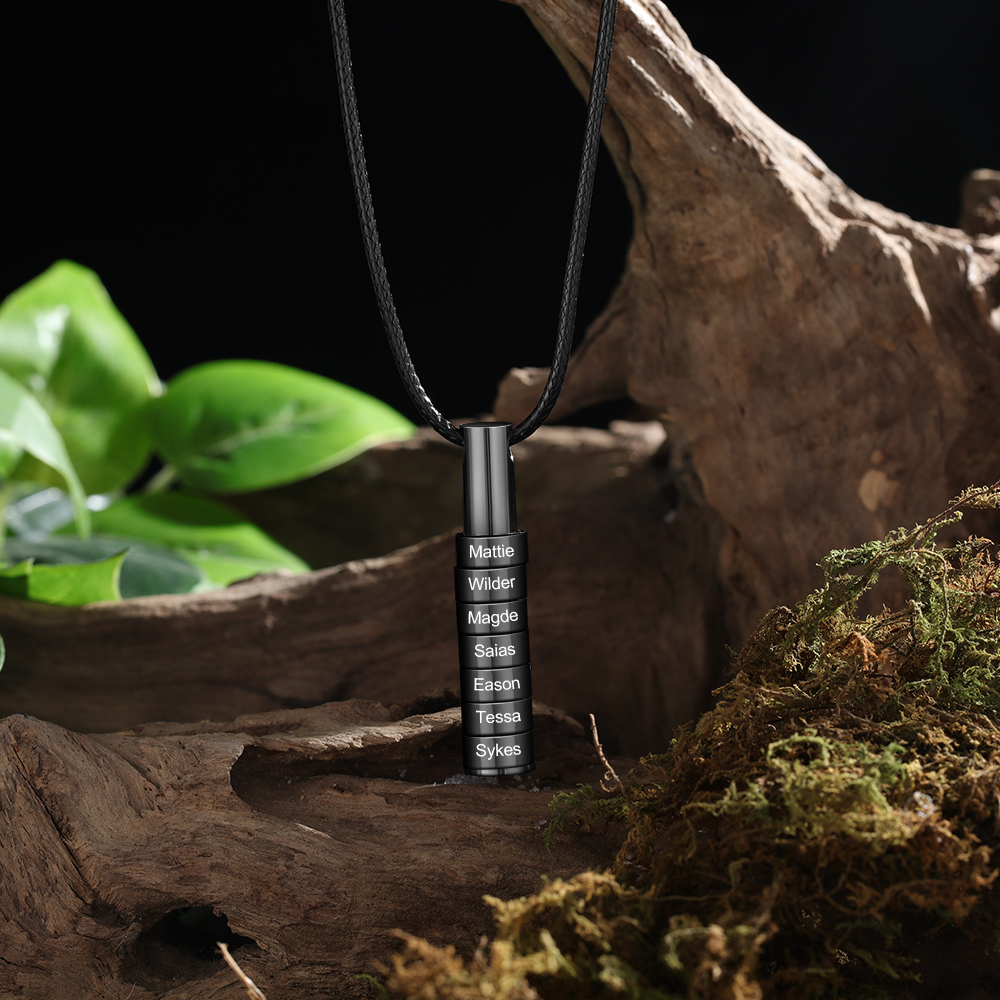 Personalised Vertical Cylinder Pendant Necklace with Beads Engraved 6 Names Men's Necklace for Him-Jessemade AU