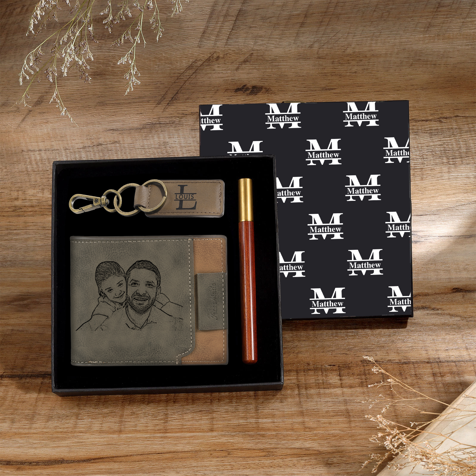 Personalised 1 Photo & 3 Names & 3 Letters Gift Set Custom Wallet & Keychain & Pen Gift Box Set Father’s Day Gift for Him-Jessemade AU