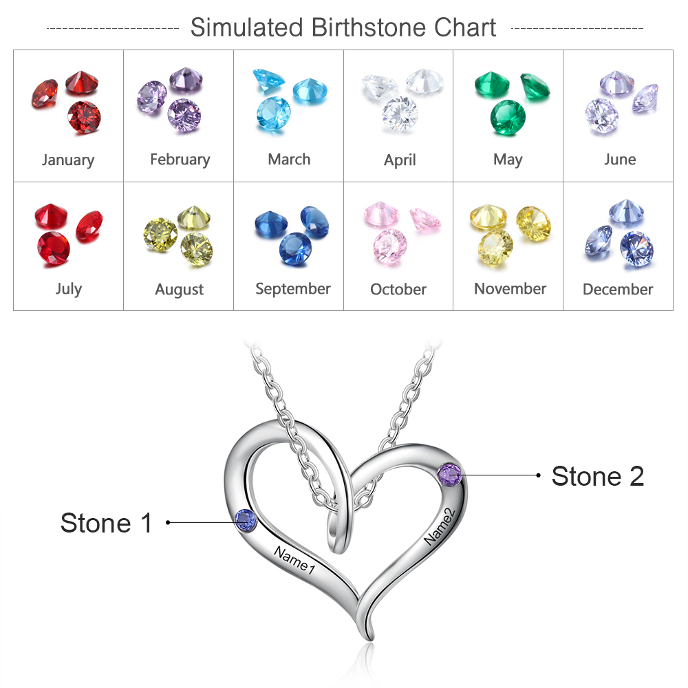 Personalised Heart Necklace With 2 Birthstones Engraved Names Gift For Her-Jessemade AU