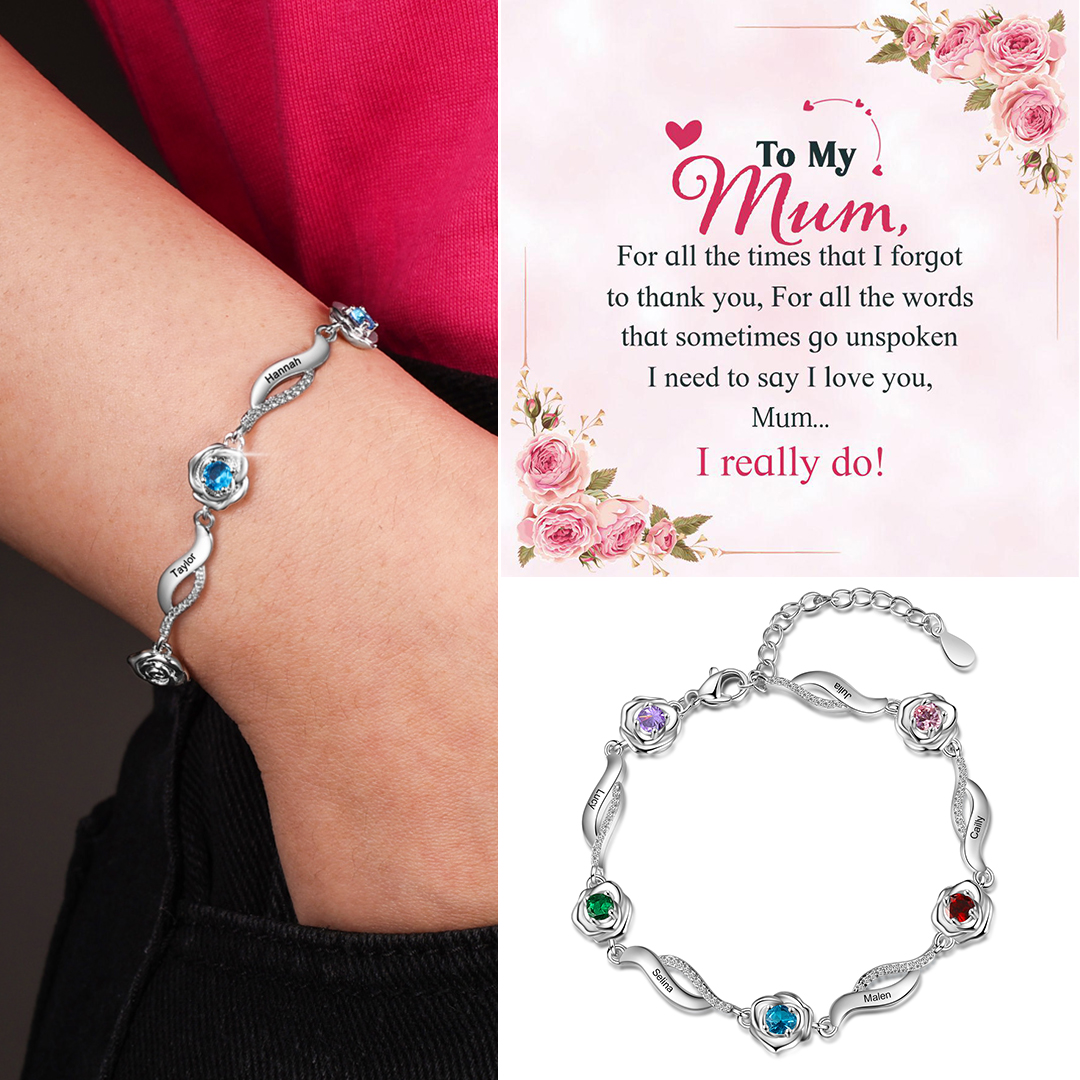 5 Names - Personalised Rose Bracelet Custom Name & Birthstone Adjustable Bracelet Gifts for Her-Jessemade AU