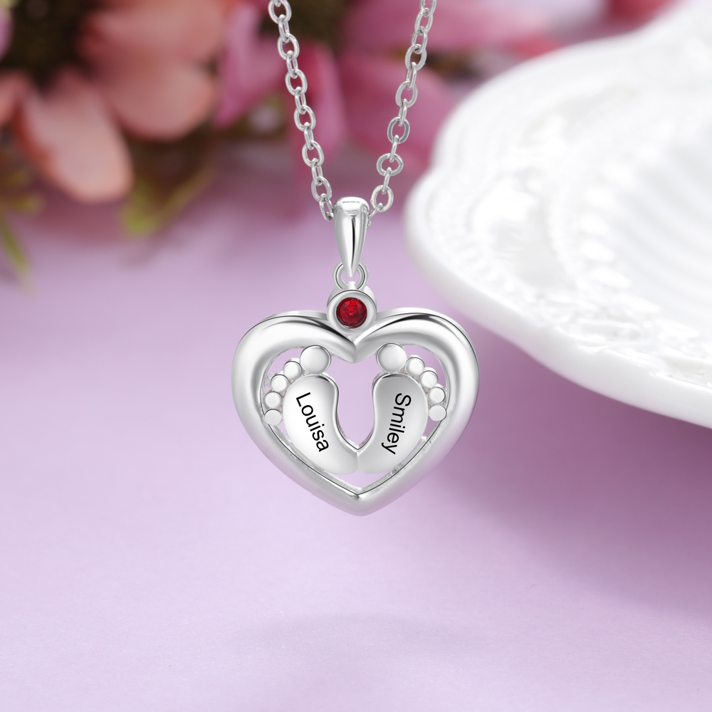 Personalised Baby Foot Necklace With 1 Birthstone Engraved Names Gift For Her-Jessemade AU