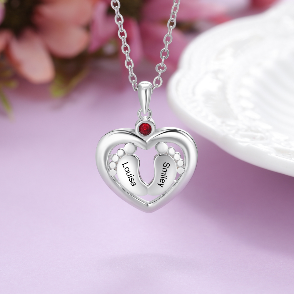 Personalised Baby Foot Necklace With 1 Birthstone Engraved Names Gift For Her-Jessemade AU