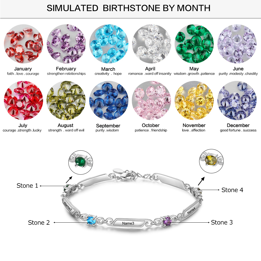 Personalised Bracelet With 4 Birthstones Engraved Names Bracelet Gift For Women-Jessemade AU