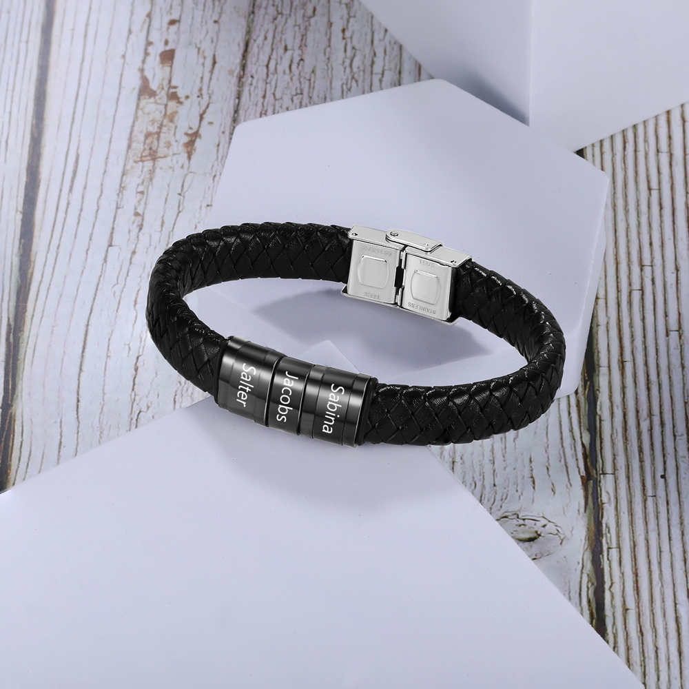 Men Leather Braided Bracelet Personalised with 3 Names Black-Jessemade AU