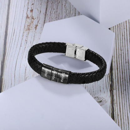Men Leather Braided Bracelet Personalised with 3 Names Black-Jessemade AU