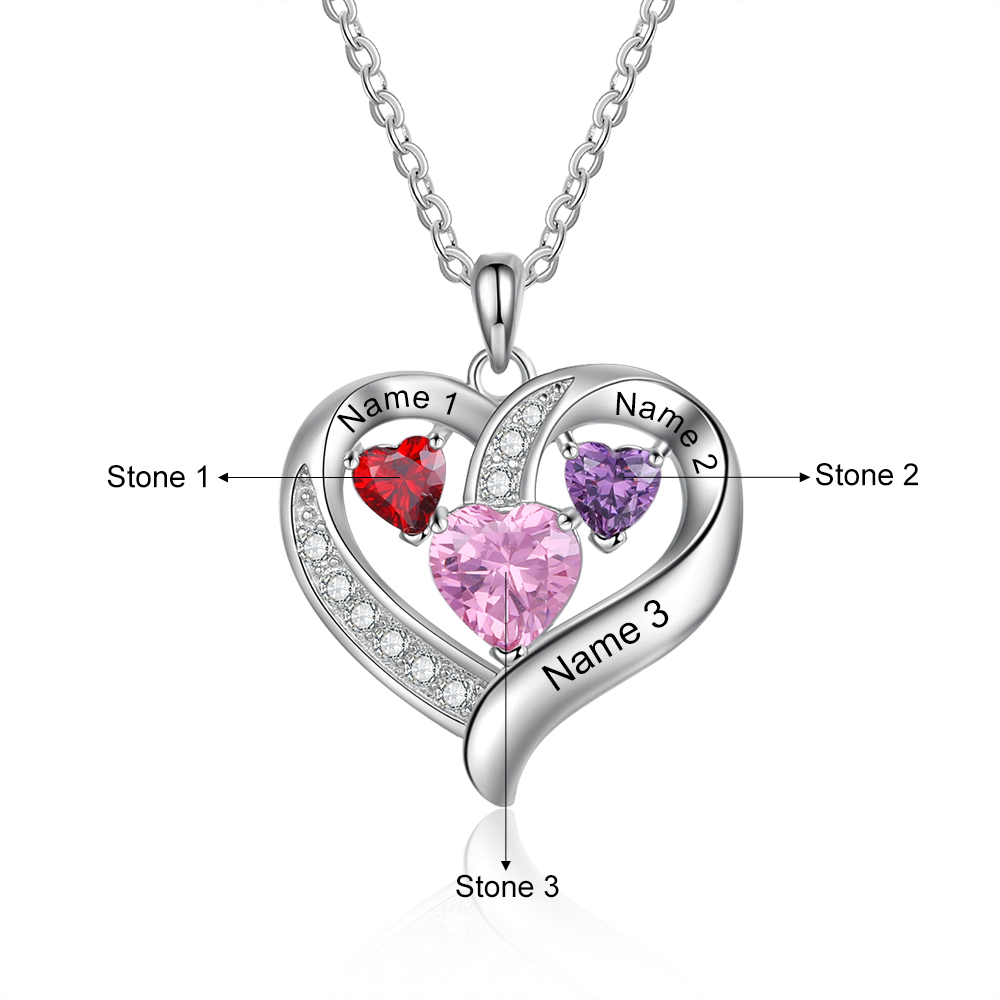 Personalised Heart Necklace With 3 Birthstones Engraved Names Gift For Her-Jessemade AU