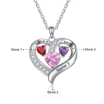 Personalised Heart Necklace With 3 Birthstones Engraved Names Gift For Her-Jessemade AU