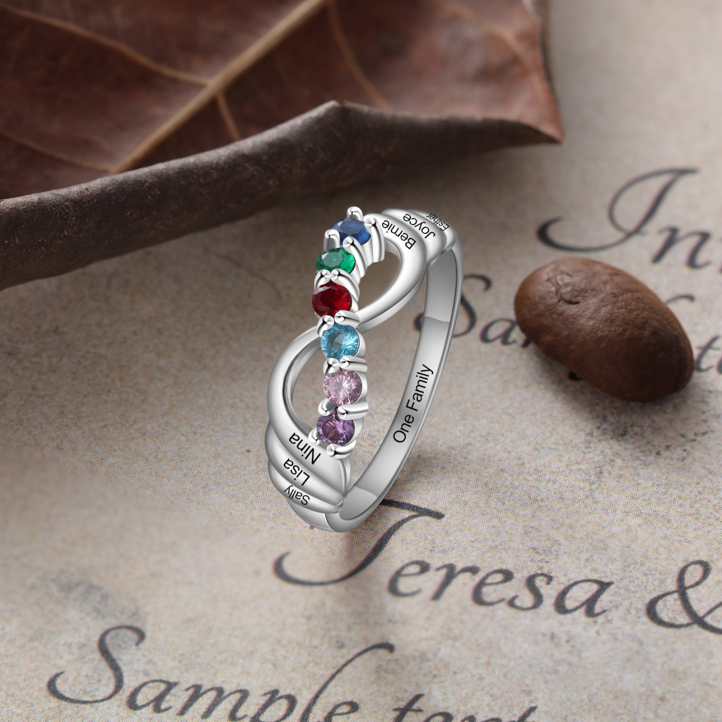 Personalised Mothers Ring With 6 Birthstones Engraved Names Ring Gift For Women-Jessemade AU