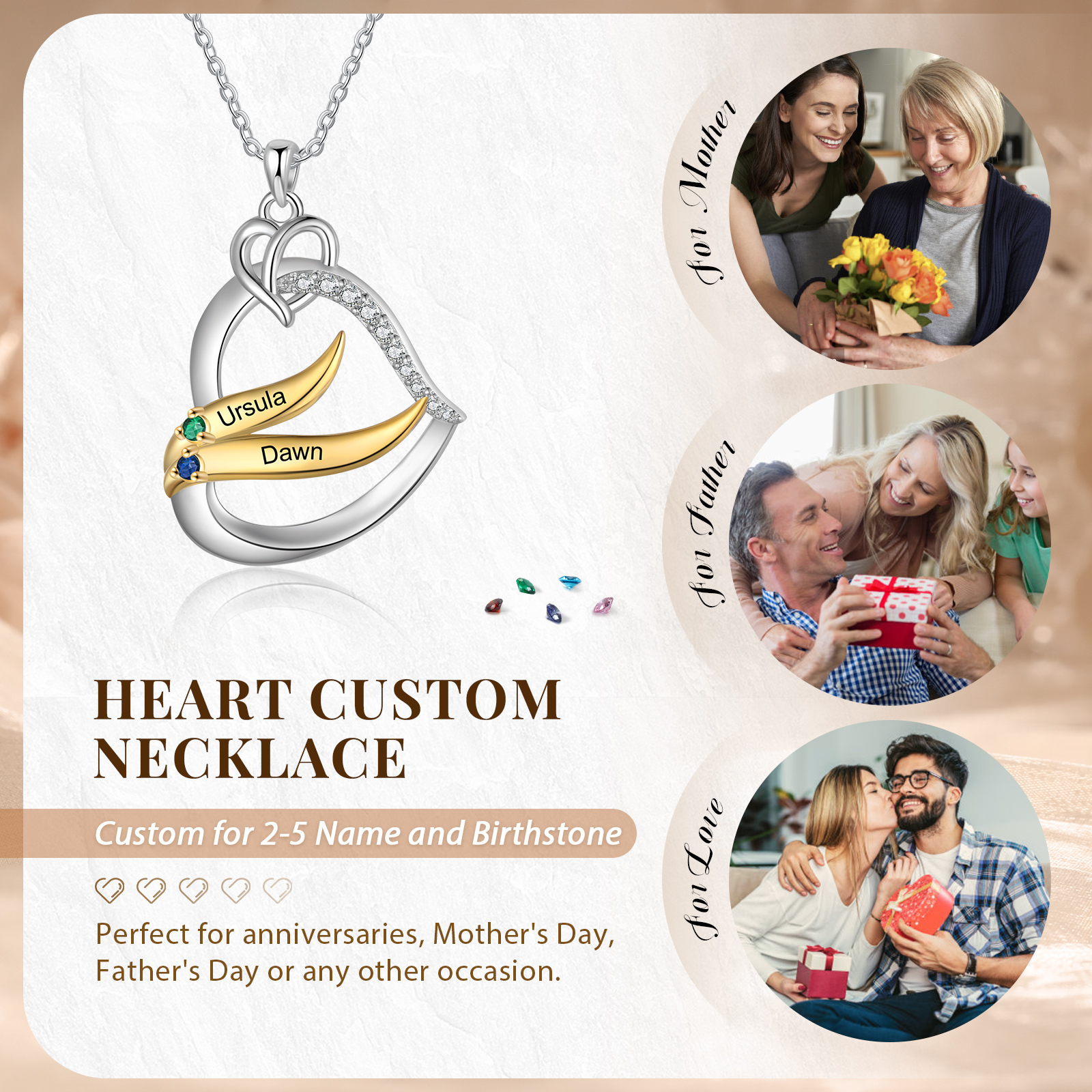 Personalised Golden Intertwined Heart Pendant Necklace Custom 2 Birthstones & 2 Names Necklace Gifts for Her-Jessemade AU