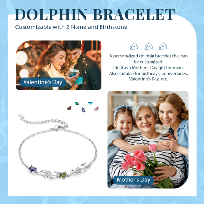 Dolphin Bracelet Personalised 2 Birthstones & 2 Names Women Bracelet-Jessemade AU