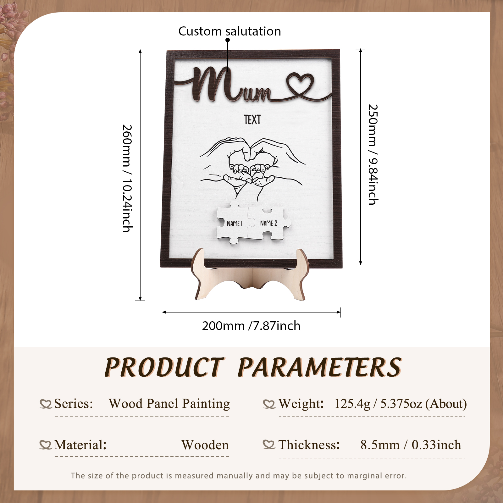 Personalised Puzzle Pieces Wooden Plaque Custom 2 Names & Text & Salutation Holding Hands Family Wooden Sign With Stand Gifts for Mum-Jessemade AU