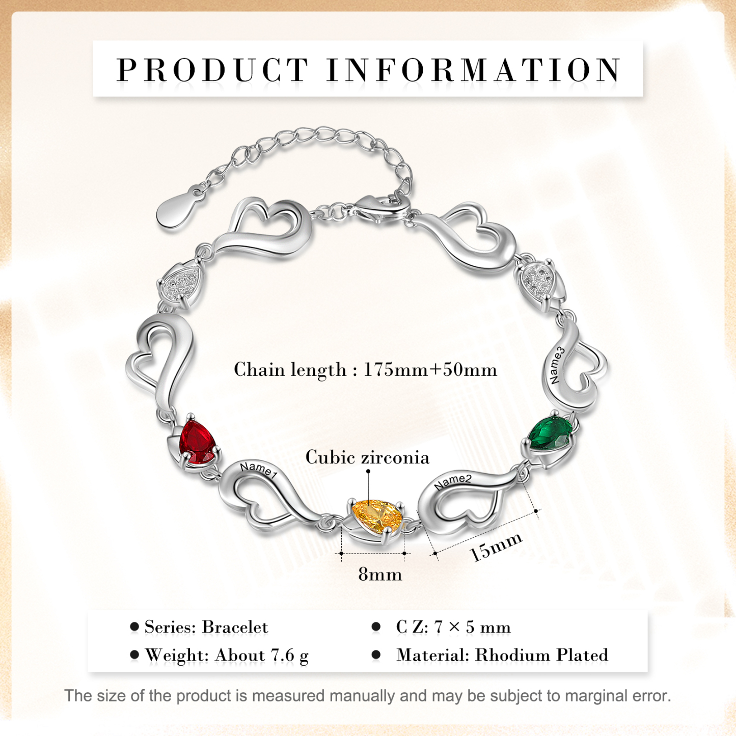 Personalised Heart Bracelet With 3 Birthstones Engraved Name Bracelet Gifts For Her-Jessemade AU