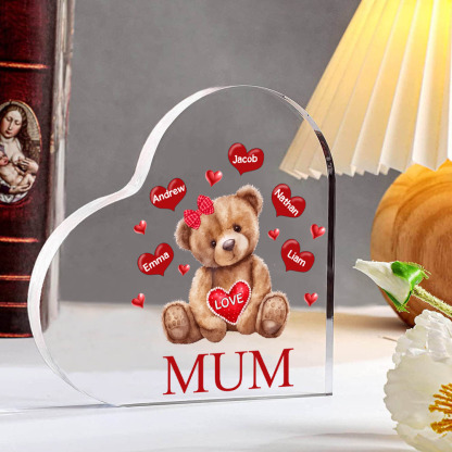 5 Names - Personalised Acrylic Heart Keepsake Custom 2 Texts Teddy Bear Ornaments Gifts for Grandma/Mother-Jessemade AU