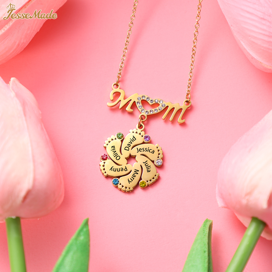 Mom Necklace Customised Baby Feet Necklace with Birthstones Engraving 1 Name Gifts for Her-Jessemade AU