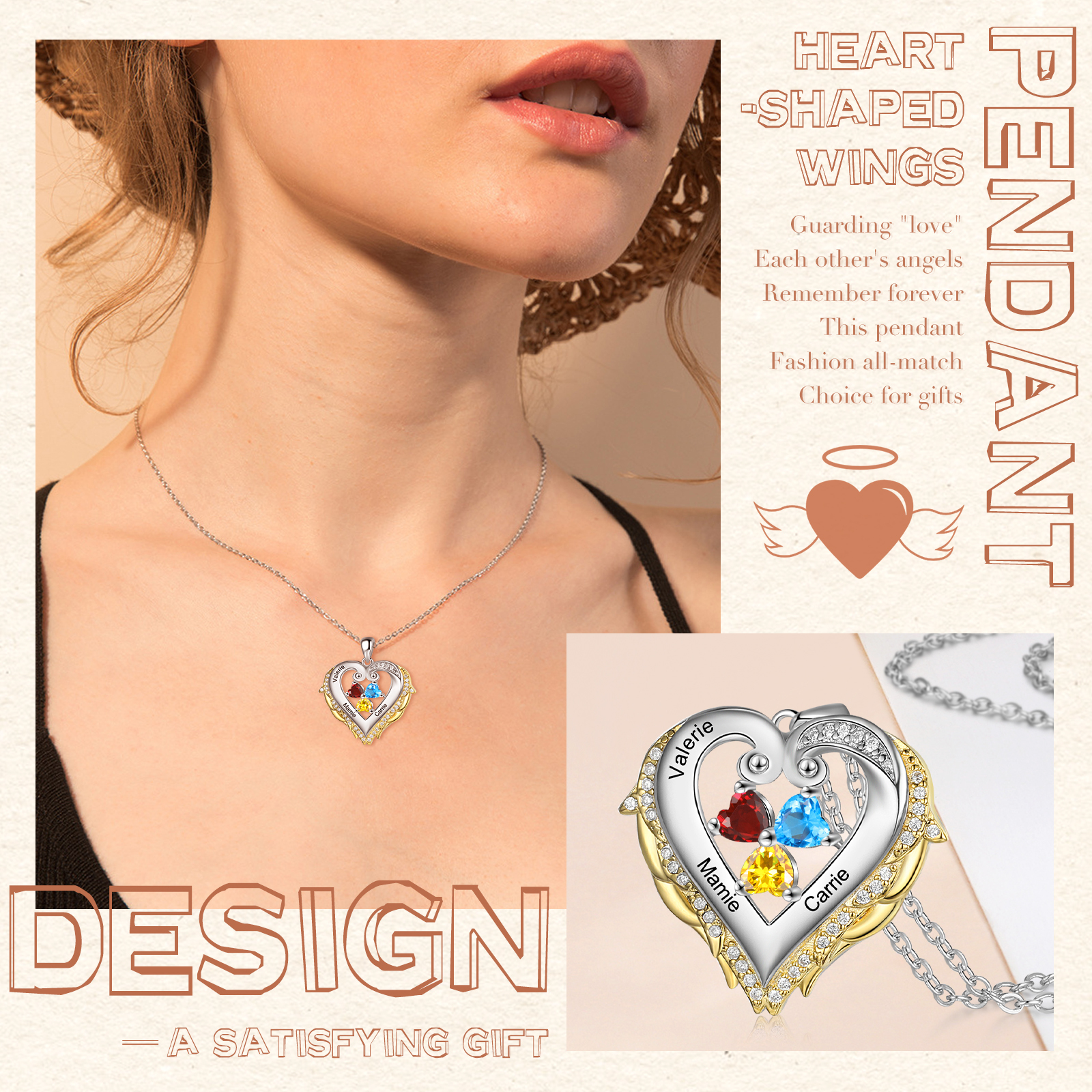 Personalised Heart Wings Necklace With 3 Birthstones Custom Names Gift For Her-Jessemade AU