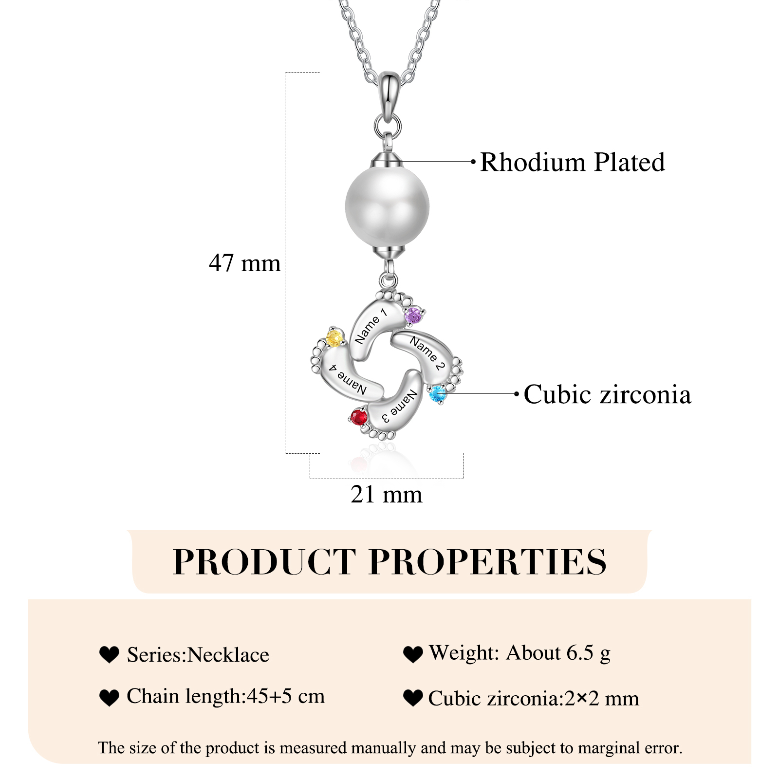 Personalised Baby Feet Pearl Necklace Custom 4 Names & Birthstones Mother Necklace-Jessemade AU