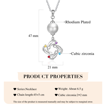 Personalised Baby Feet Pearl Necklace Custom 4 Names & Birthstones Mother Necklace-Jessemade AU