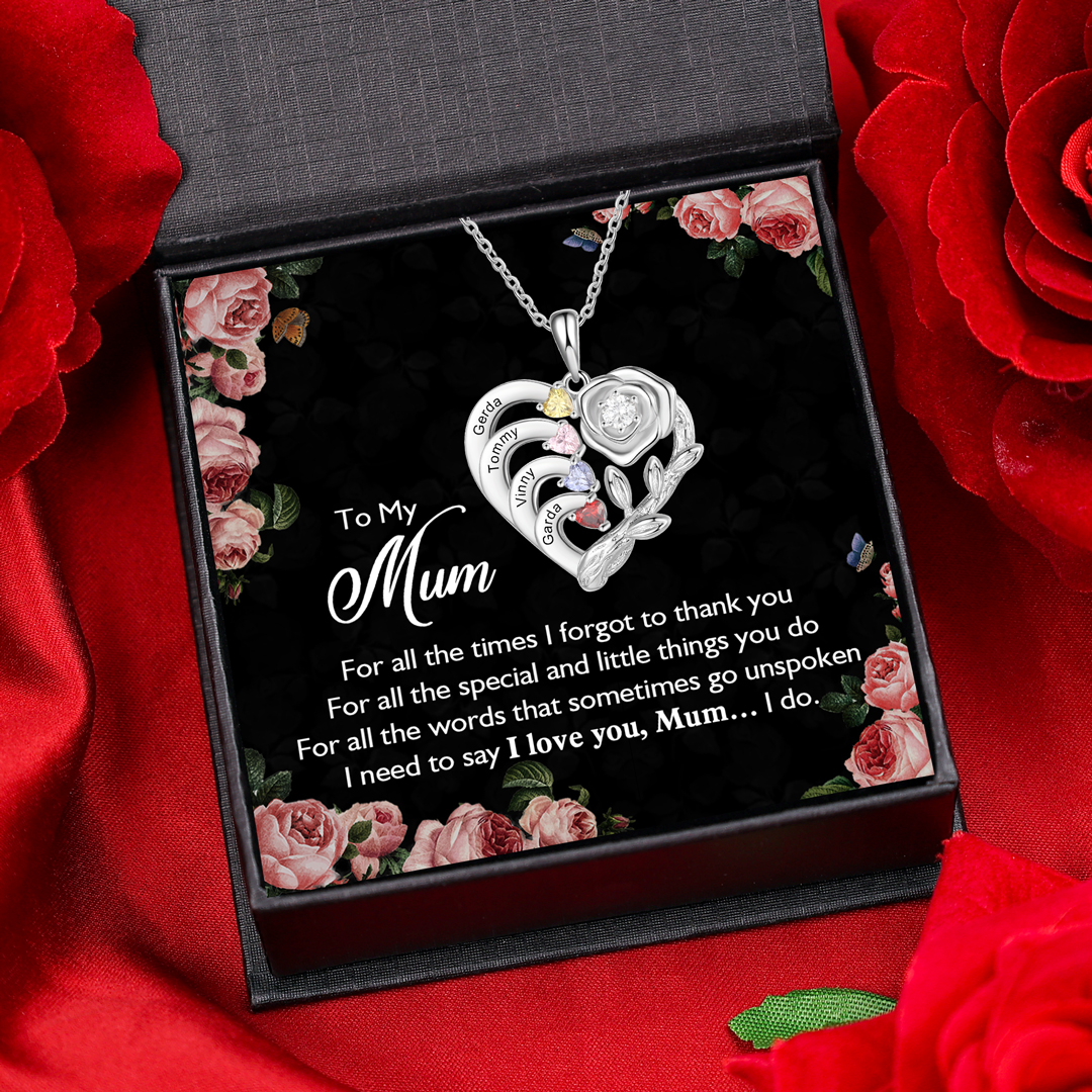 Personalised Rose Necklace with Birthstones Engraved 4 Names Intertwined Heart Pendant Necklace Gifts for Mother-Jessemade AU