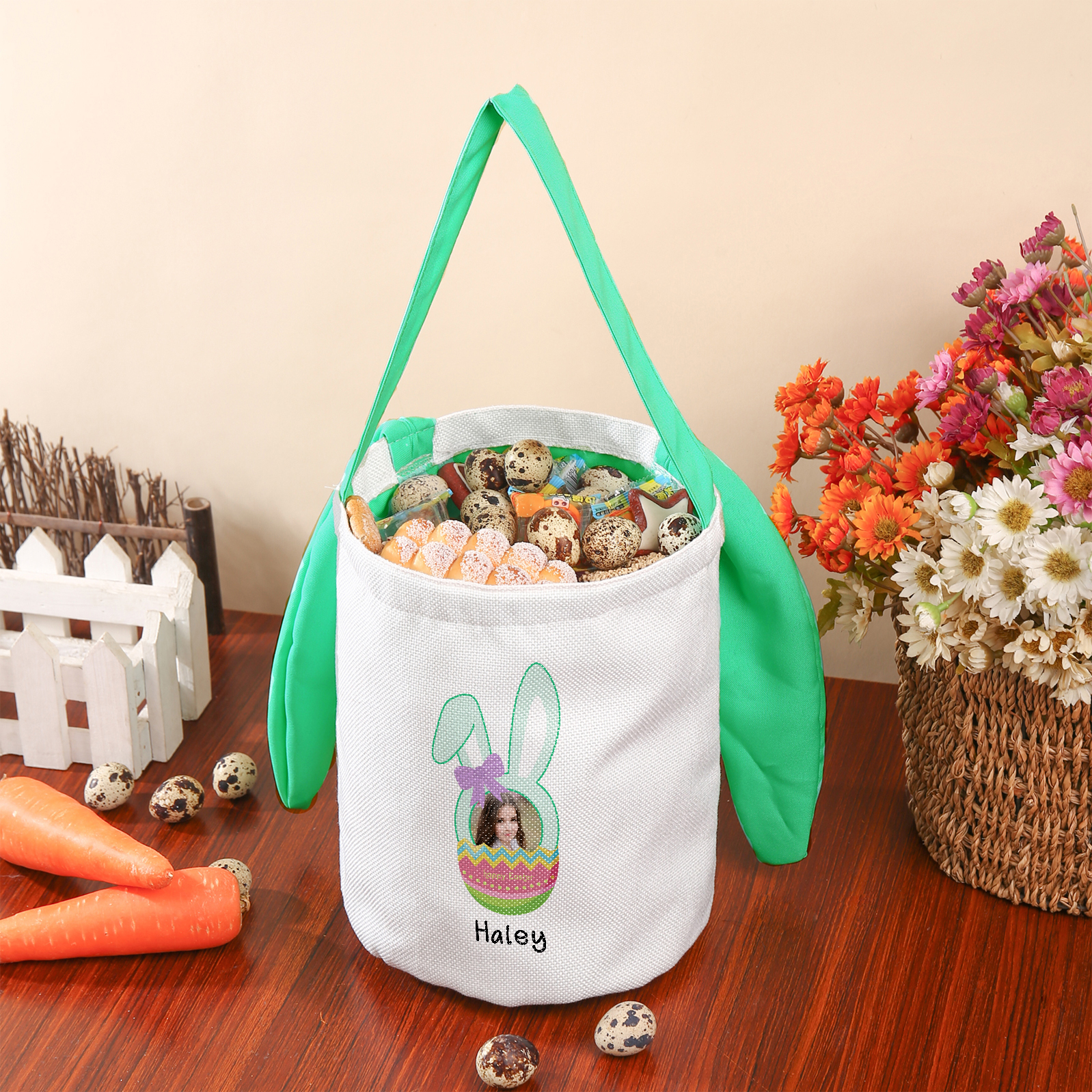 Bunny Tote Bag Personalised Photo Bucket Bag Custom Name & Text Bunny Basket Easter Gifts-Jessemade AU