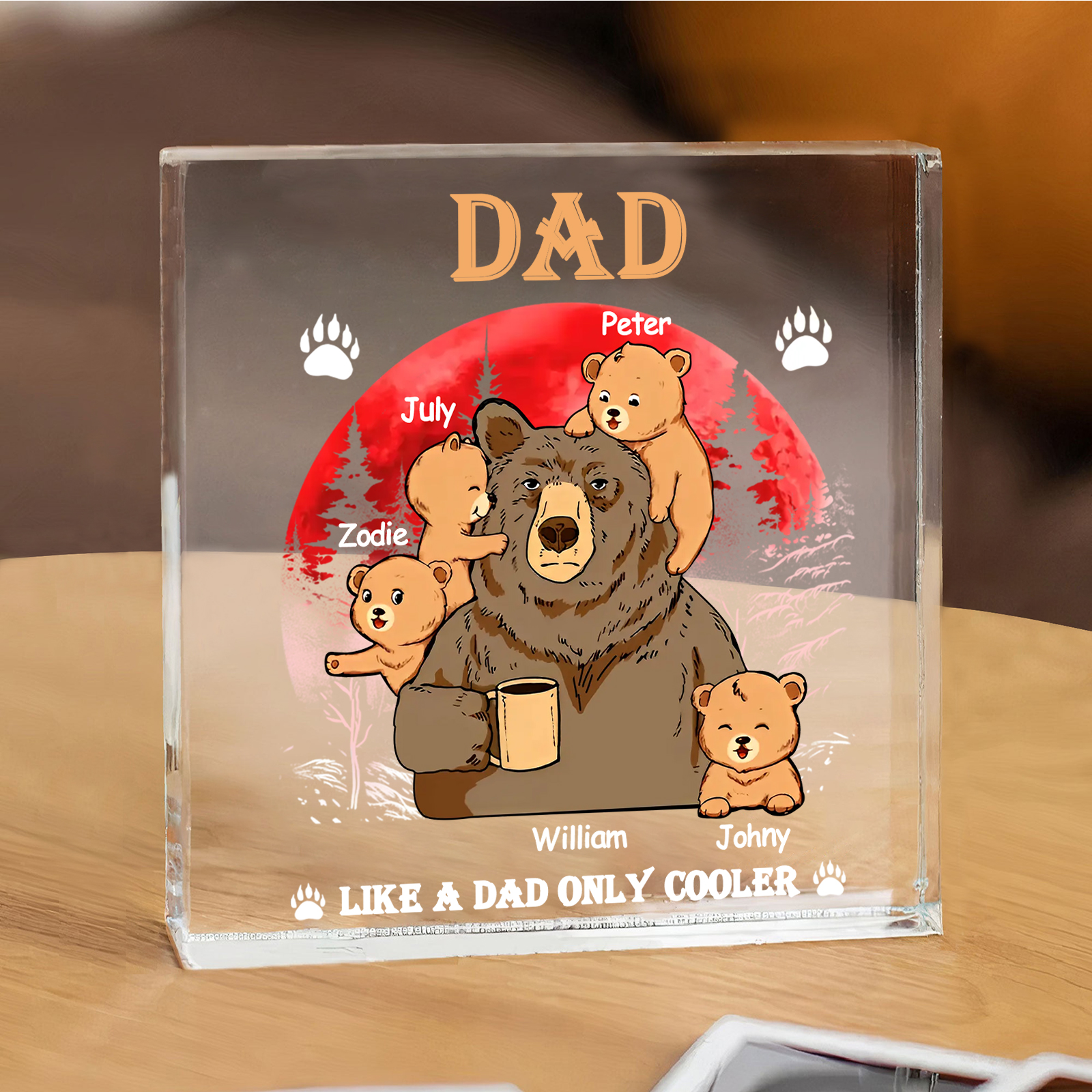 Personalised 5 Names Acrylic Square Keepsake Bear Family Rectangle Plaque Father's Day Gifts - Like A Dad Only Cooler-Jessemade AU