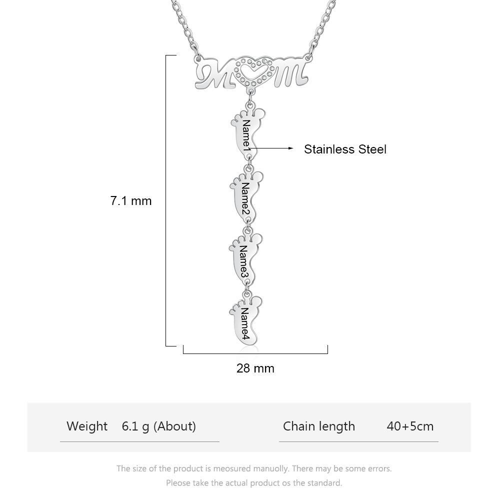 Mother Necklace with 4 Baby Feet Pendants Engraved 4 Names Rose Gift Set