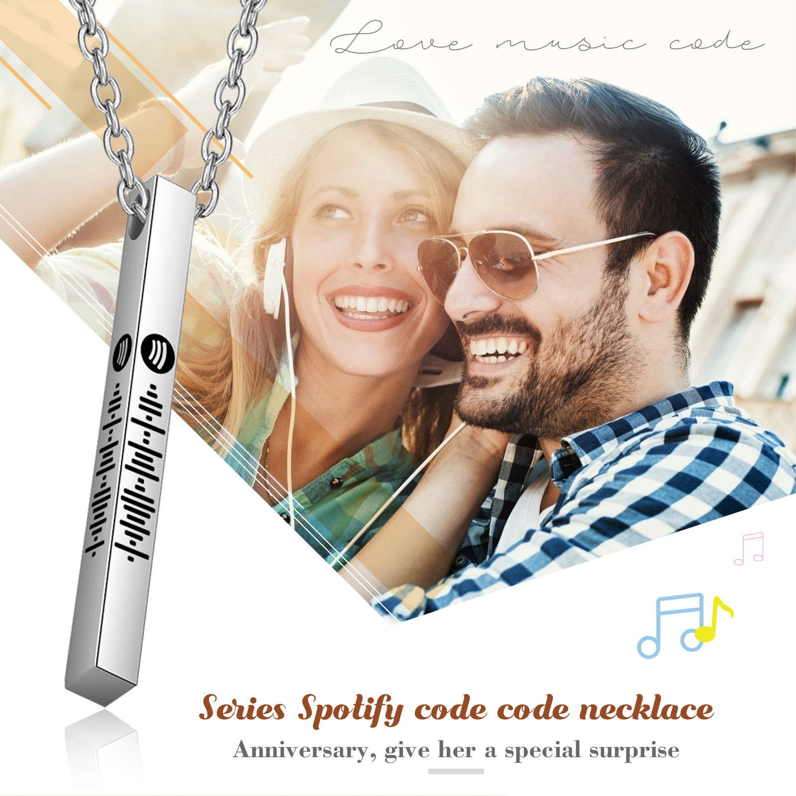 Personalised 3D Vertical Bar Necklace Customised Music Spotify Code Necklace for Her Him-Jessemade AU
