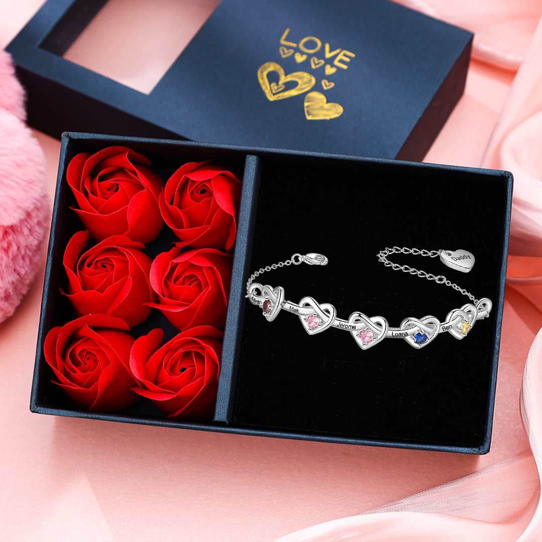 5 Names - Personalised Linked Heart Bracelet Custom 5 Birthstones Engraved Text Bracelets-Jessemade AU