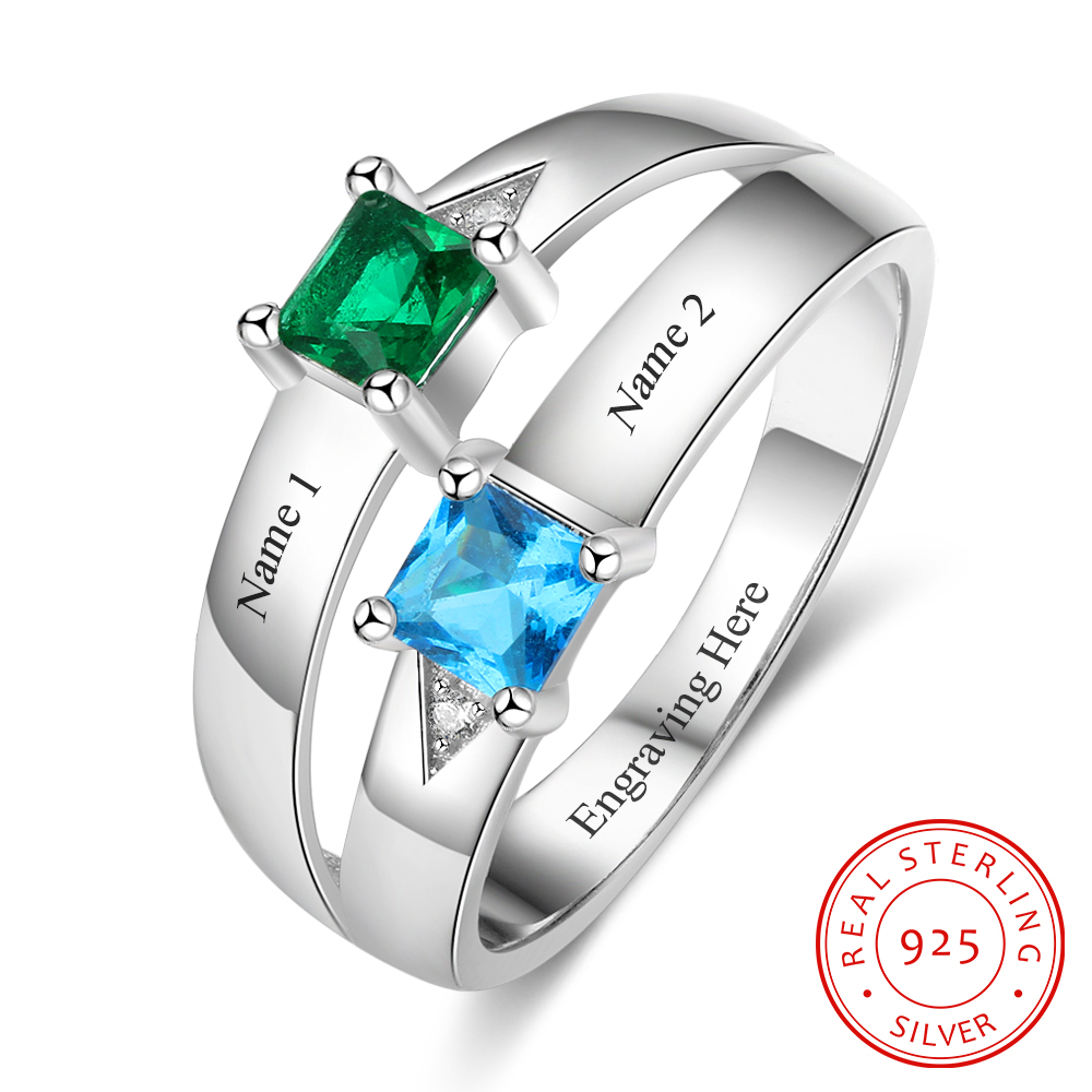 Personalised Ring With 2 Birthstones Engraved Names Ring Gift For Women-Jessemade AU