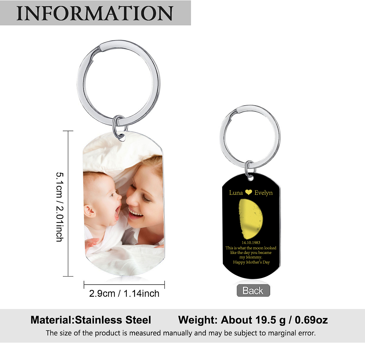 Personalised Text & Date & Photo Keychain Mother's Day Gifts - This Is What The Moon Looked Like The Day You Became My Mommy-Jessemade AU