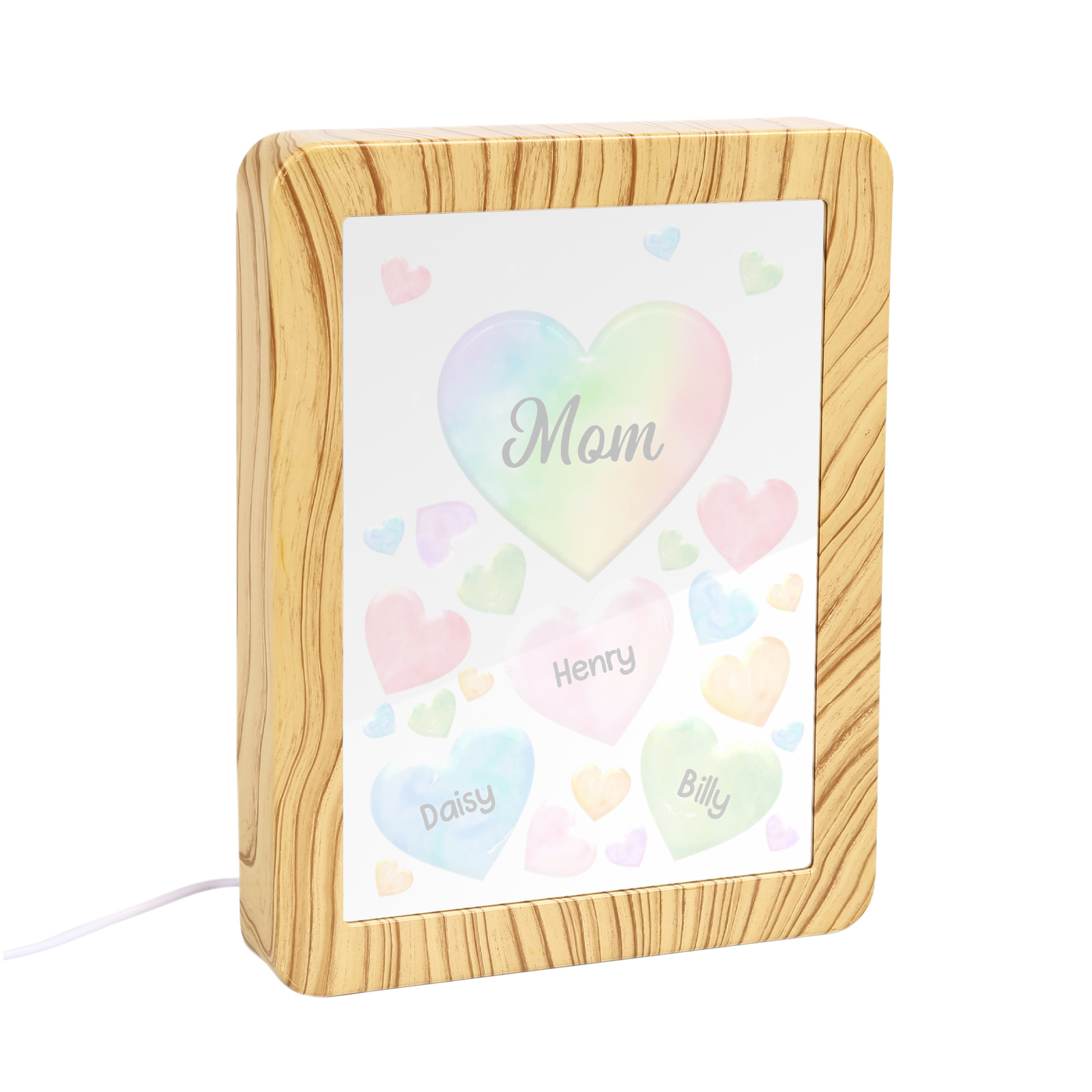 Personalised Night Light Mirror Frame Custom 1 Text & 3 Names Colourful Hearts Family LED Lamp Gift for Grandma/Mother-Jessemade AU