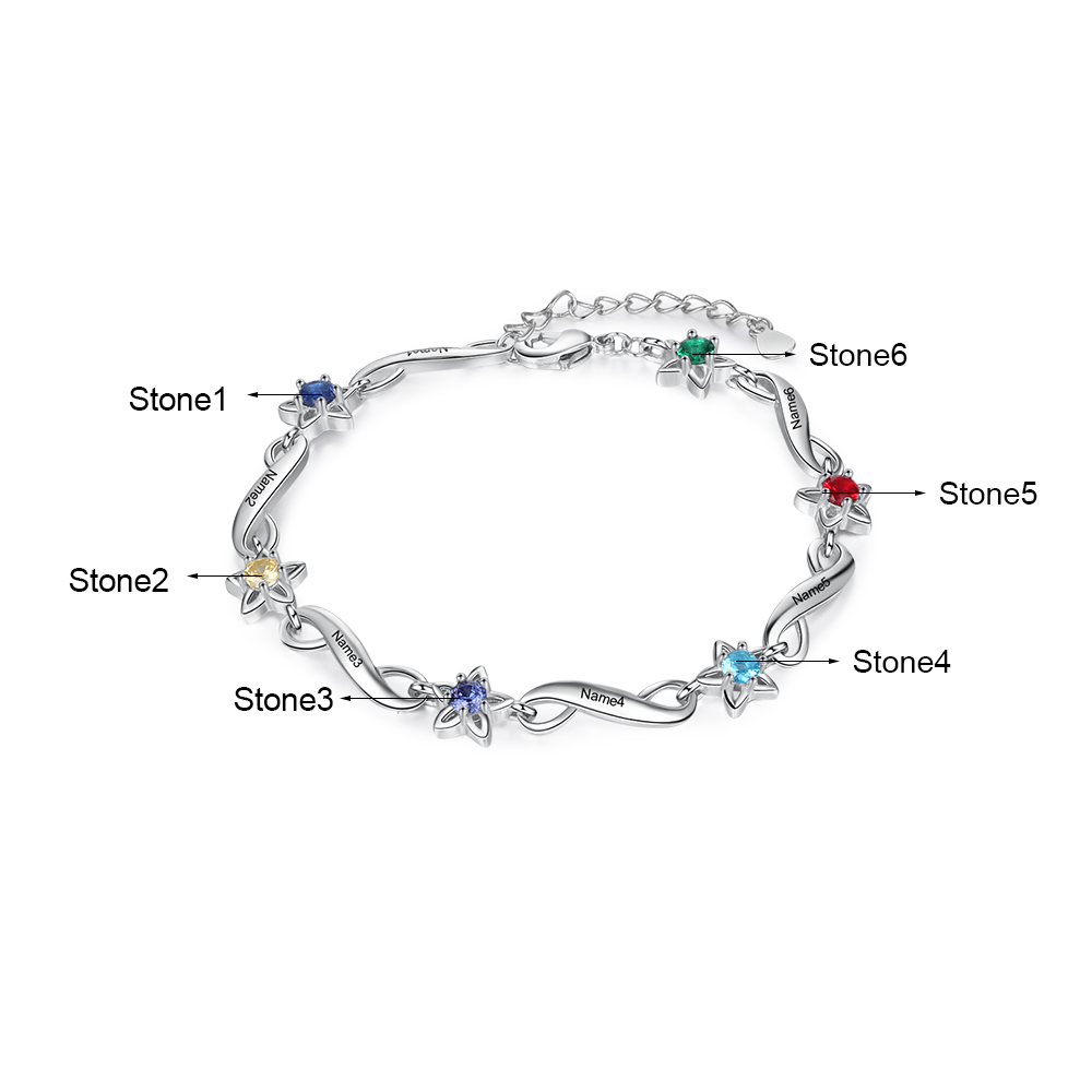 Personalised Star Bracelet With 6 Birthstones Engraved Names Bracelet Gift For Women-Jessemade AU