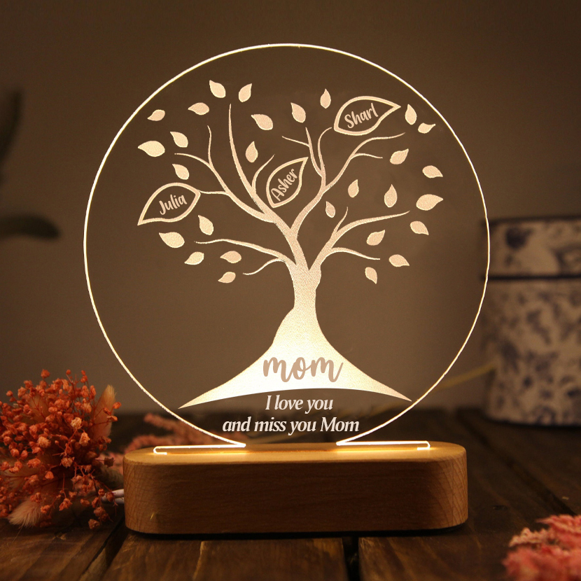 Personalised Family Tree Night Light Engraved 3 Names Wooden LED Lamp-Jessemade AU