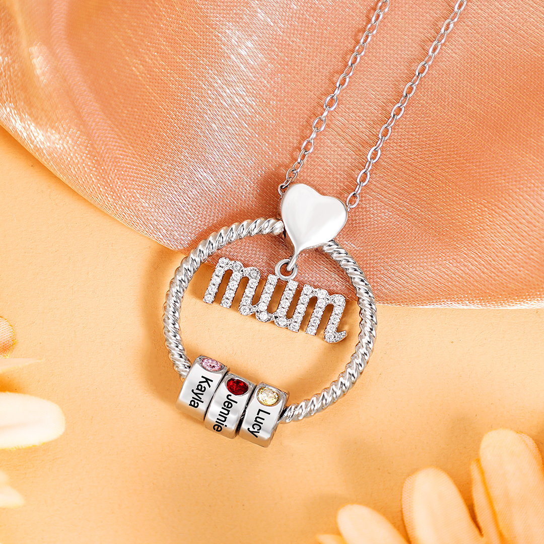 Personalised Circle Necklace With 3 Birthstones Pendant Engraved Names Gift For Mum-Jessemade AU