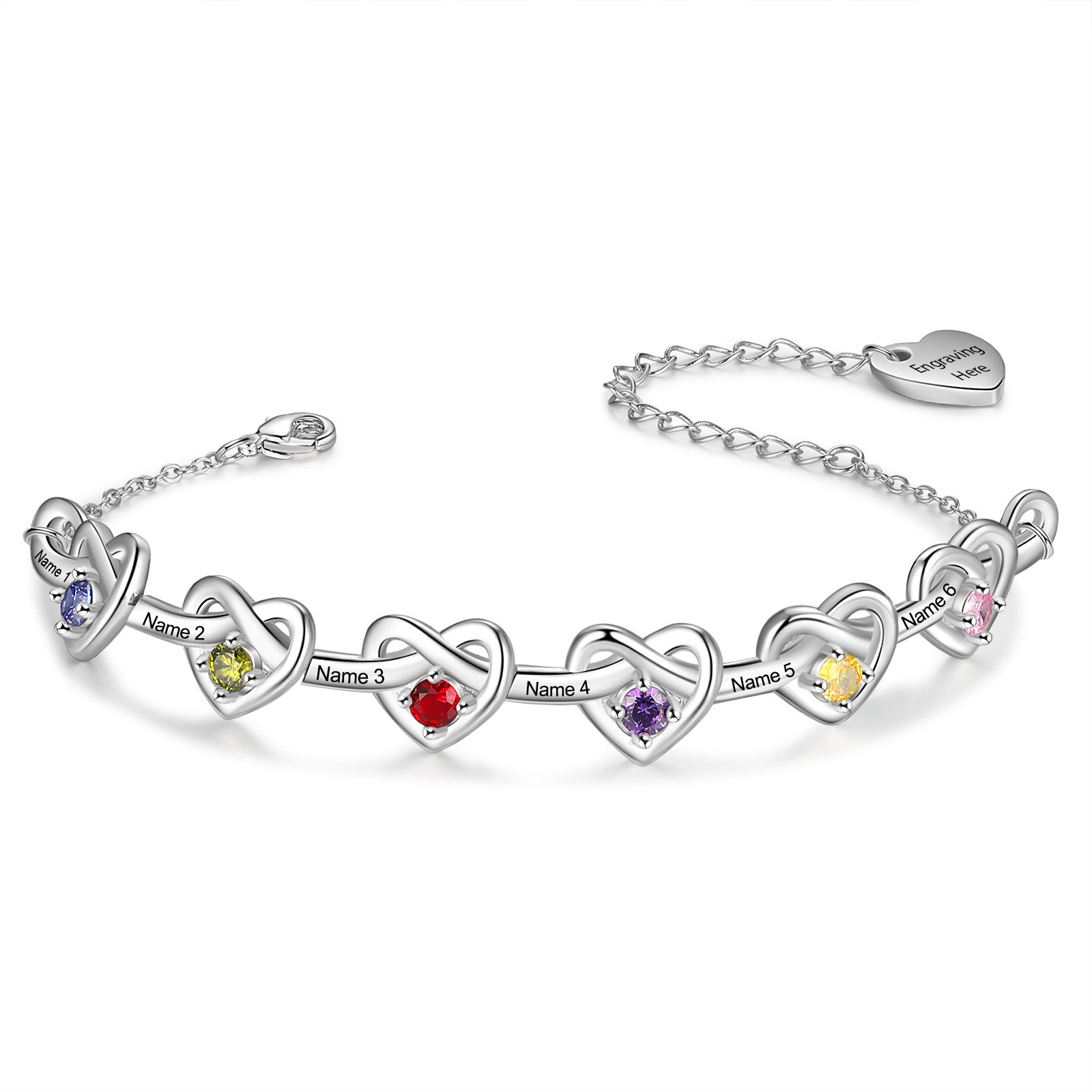 3 Colours Available Personalised Linked Heart Bracelet with 6 Custom Names Birthstones & Text Perfect Birthday Gift for Her
