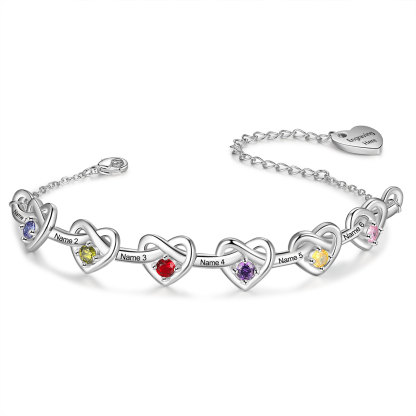 3 Colours Available Personalised Linked Heart Bracelet with 6 Custom Names Birthstones & Text Perfect Birthday Gift for Her