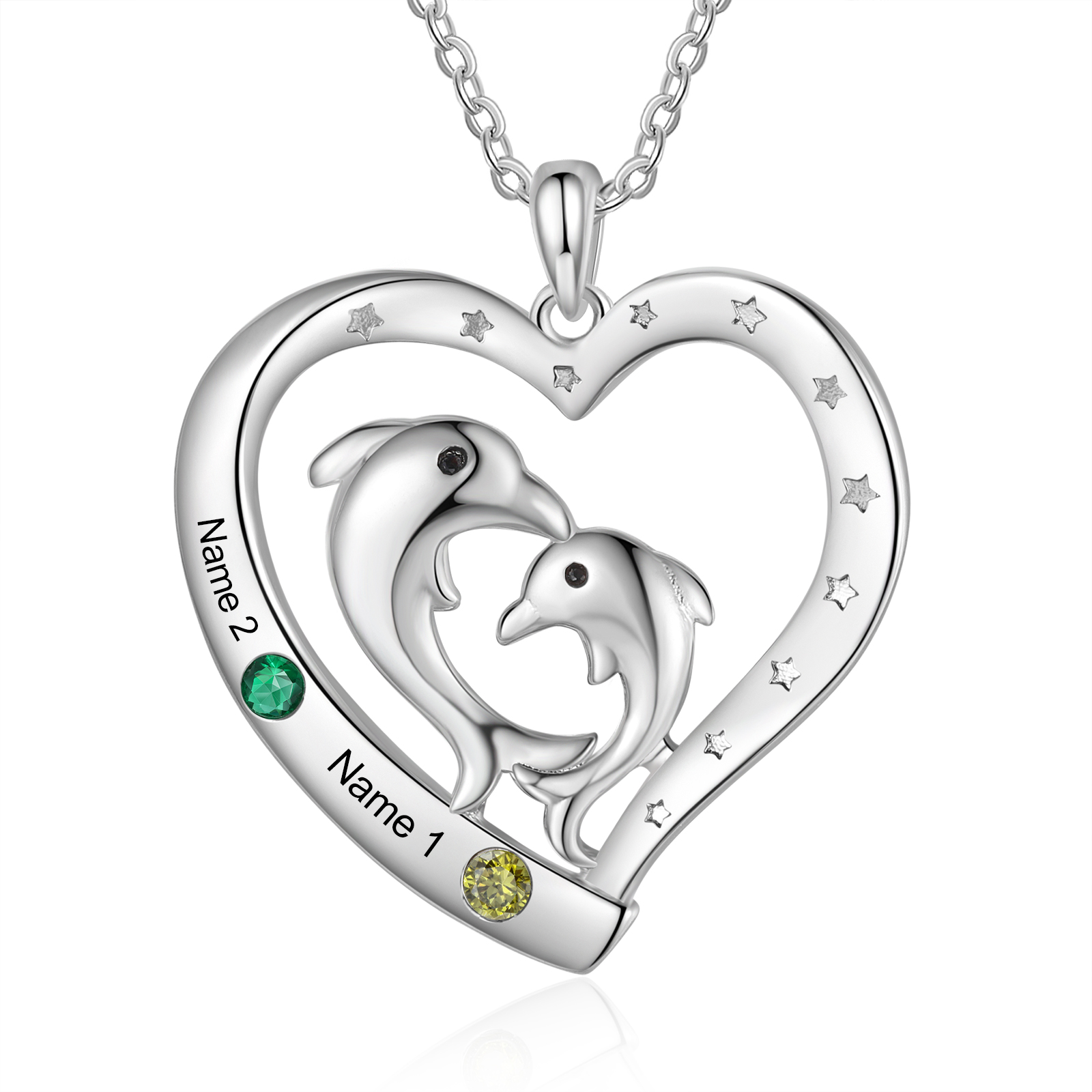 Personalised Heart Dolphin Pendant Necklace Custom 2 Birthstones Engraved 2 Names Necklace Gift for Her-Jessemade AU