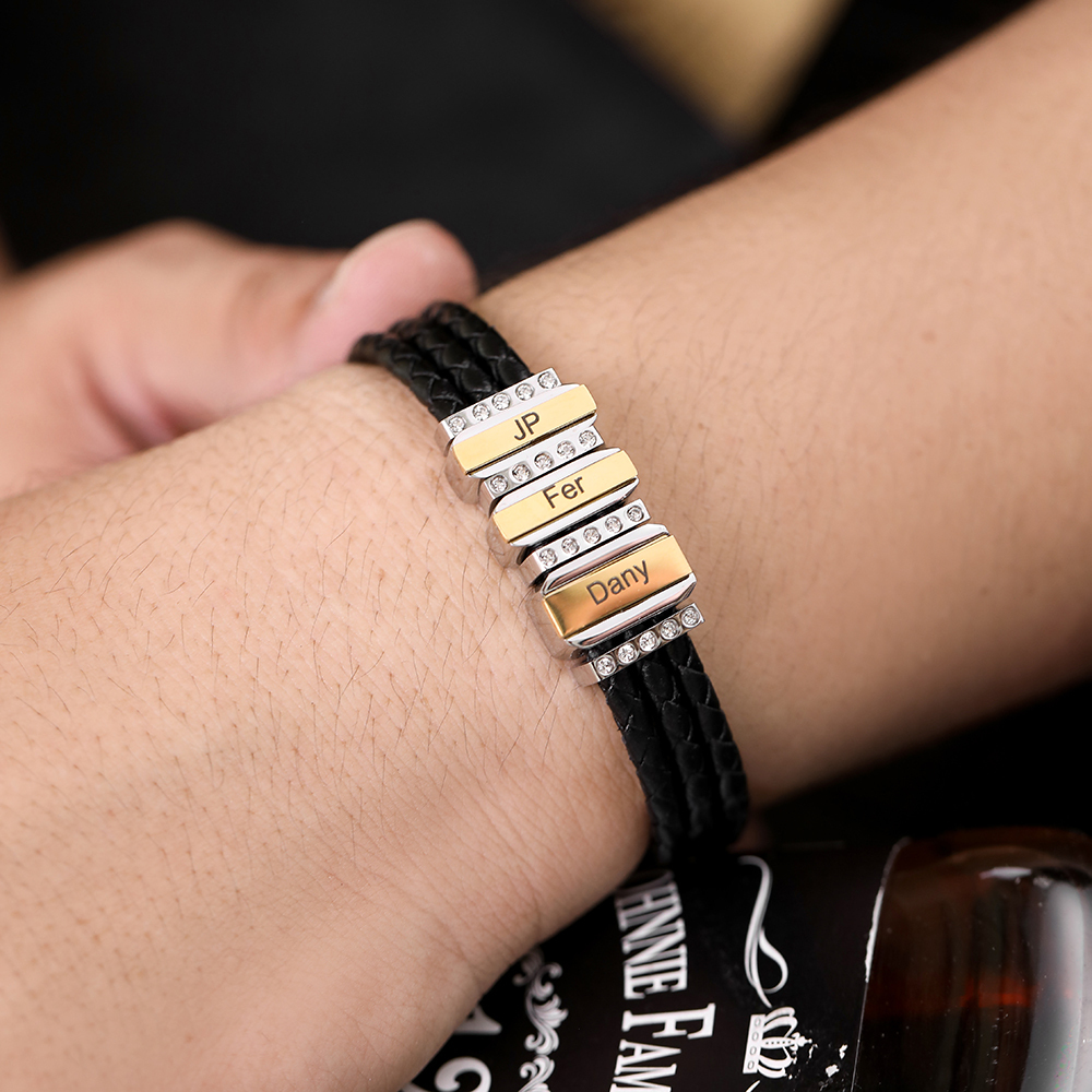 Mens Leather Bracelet with Customised Beads Personalised Three Layer Bracelet Engraved 3 Names-Jessemade AU