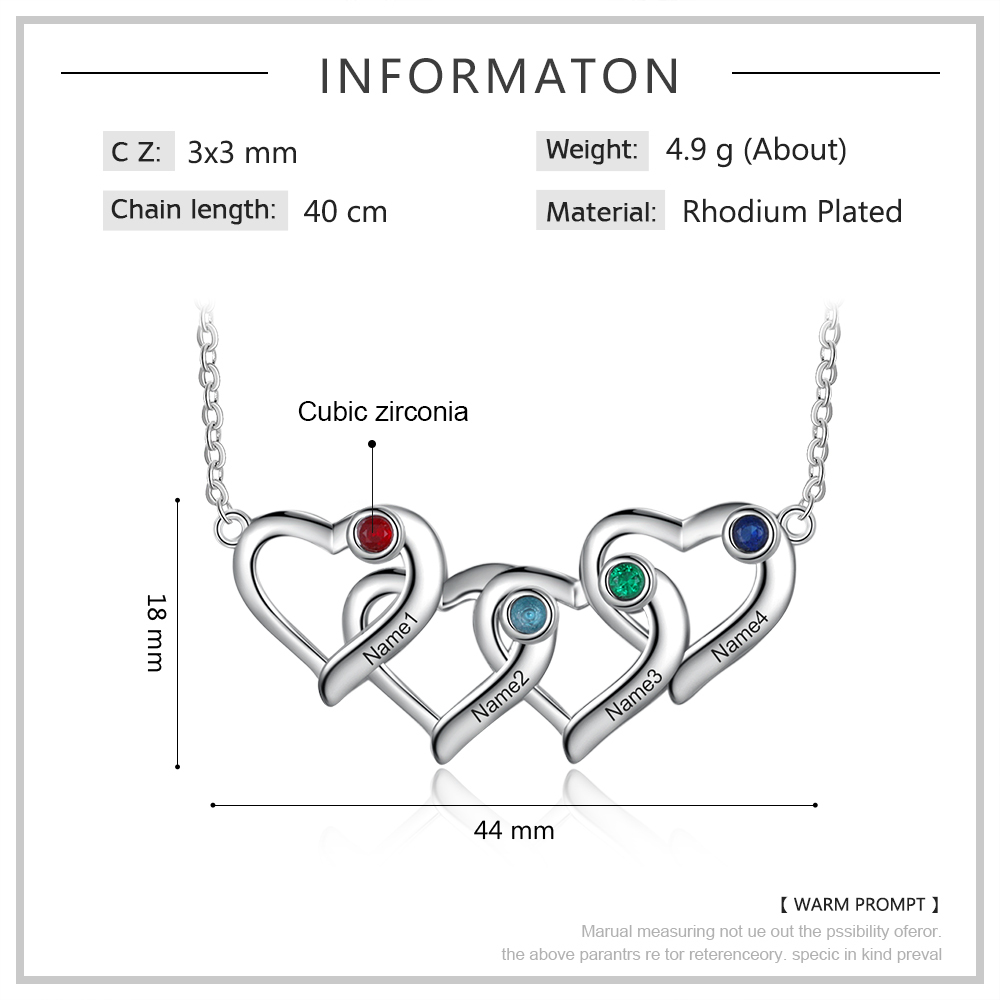 Personalised Heart Necklace With 4 Birthstones Engraved Names Gift For Her-Jessemade AU