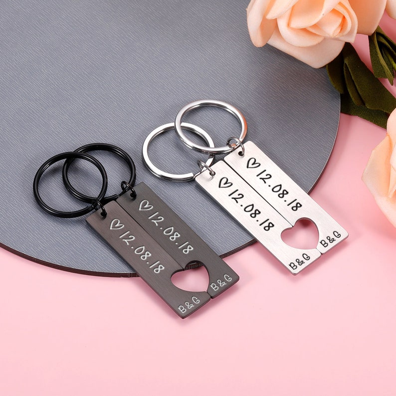 To My Man/My Love Heart Keychain Set Personalised Date Initial Keyring Matching Couple Gifts-Jessemade AU