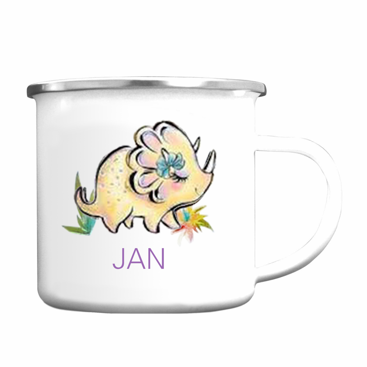 Personalised Enamel Mug Customised Name Dinosaur Cup Camping Mug Birthday Gift for Kids - Triceratops-Jessemade AU