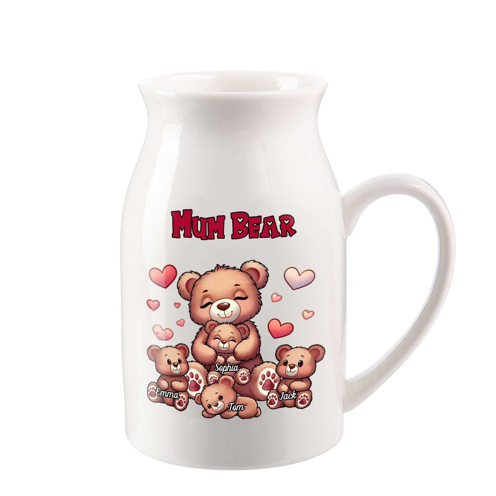 Personalised Ceramic Flower Vase Custom 2–8 Names & 1 Text Bear Family Vase Gift for Mother/Grandma-Jessemade AU