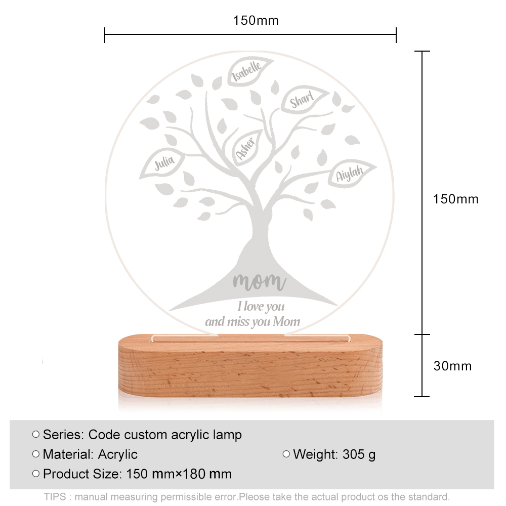 Personalised Family Tree Night Light Engraved 5 Names Wooden LED Lamp-Jessemade AU