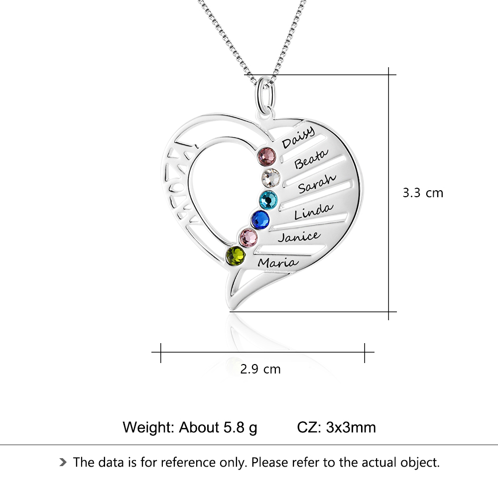Personalised Heart Necklace With 6 Birthstones Engraved Names Gift For Her-Jessemade AU