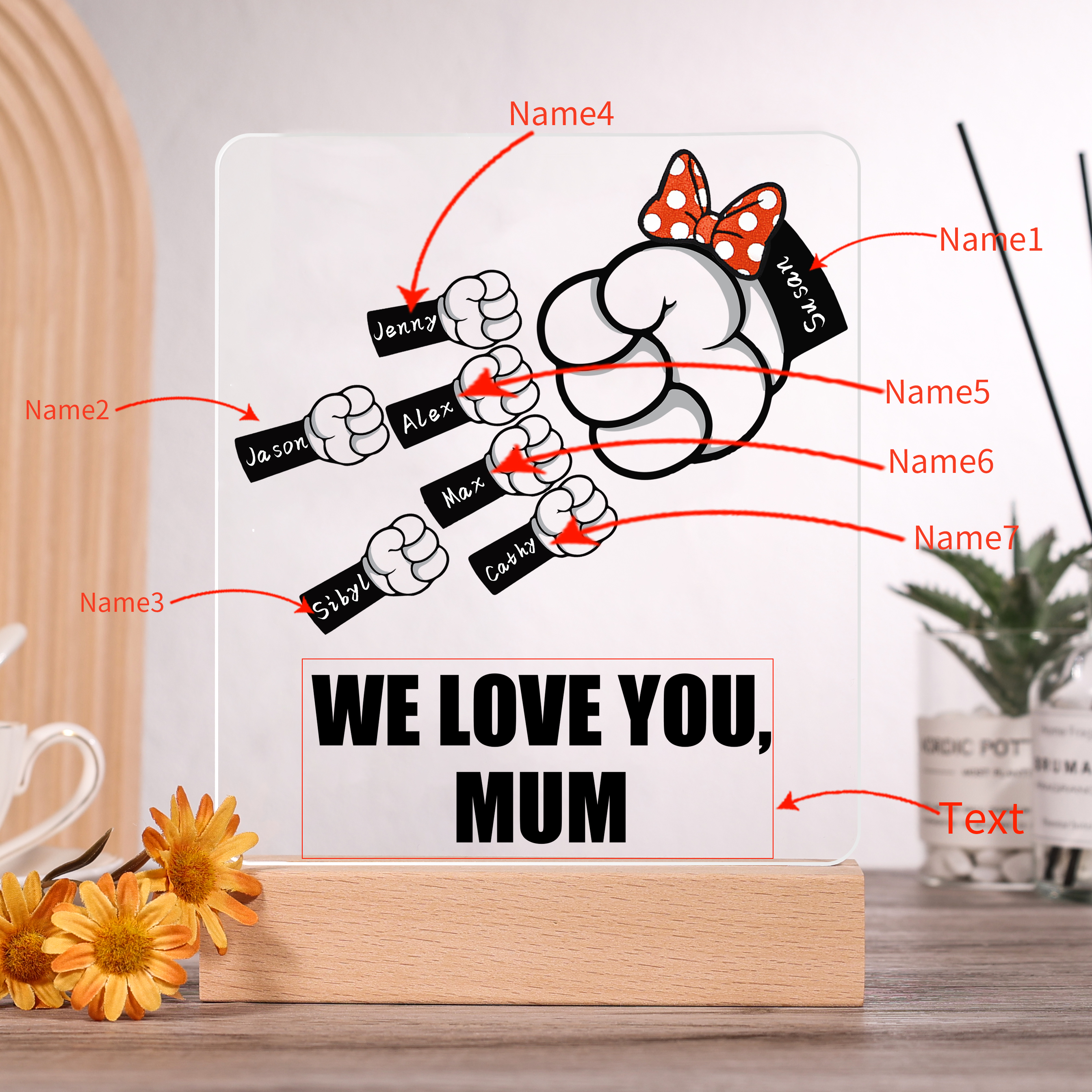 7 Names - Personalised Acrylic Night Light Custom Names & Text Fist Bump LED Lamp Gifts for Family-Jessemade AU