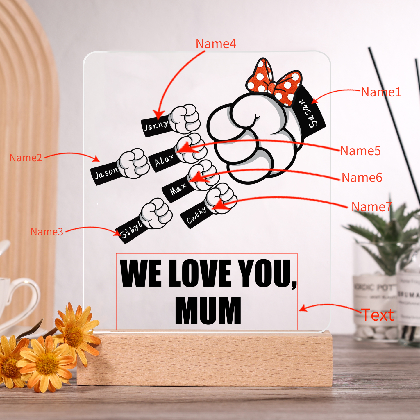 7 Names - Personalised Acrylic Night Light Custom Names & Text Fist Bump LED Lamp Gifts for Family-Jessemade AU