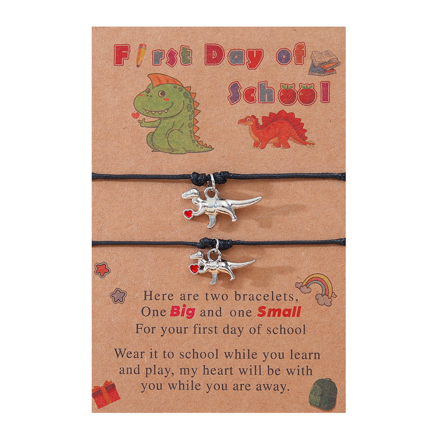 2 Pcs Dinosaur Bracelet Set First Day of School Gift with Cartoon Gift Cards for Mom Kids