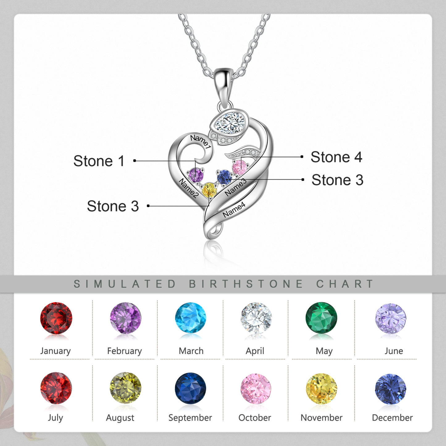 Personalised Flower Heart Necklace With 4 Birthstones Custom Names Necklace Gift For Her-Jessemade AU