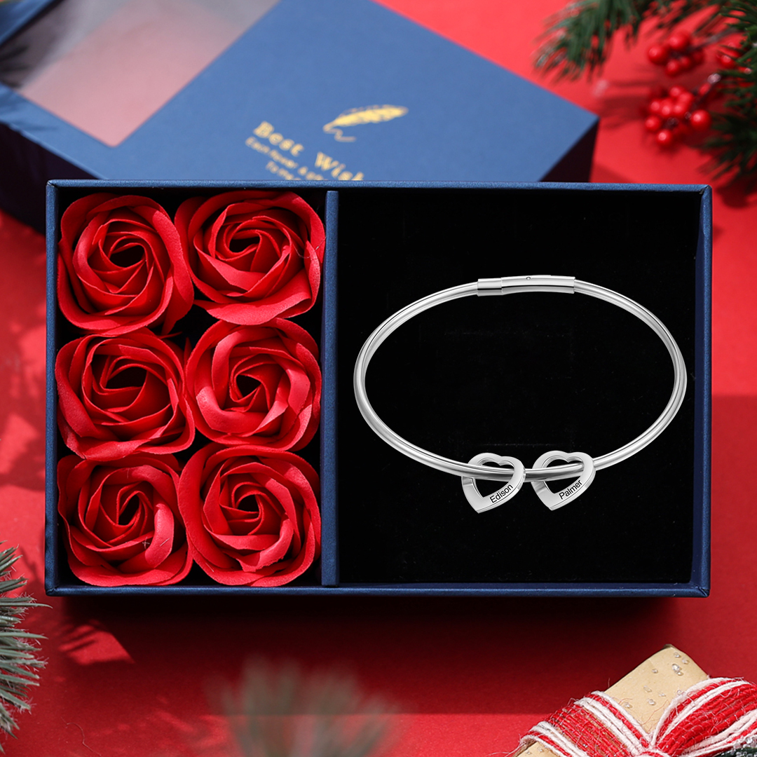 Engraved Bangle Bracelet with 2 Heart Pendant Gift for Mother Love Bracelets For Her