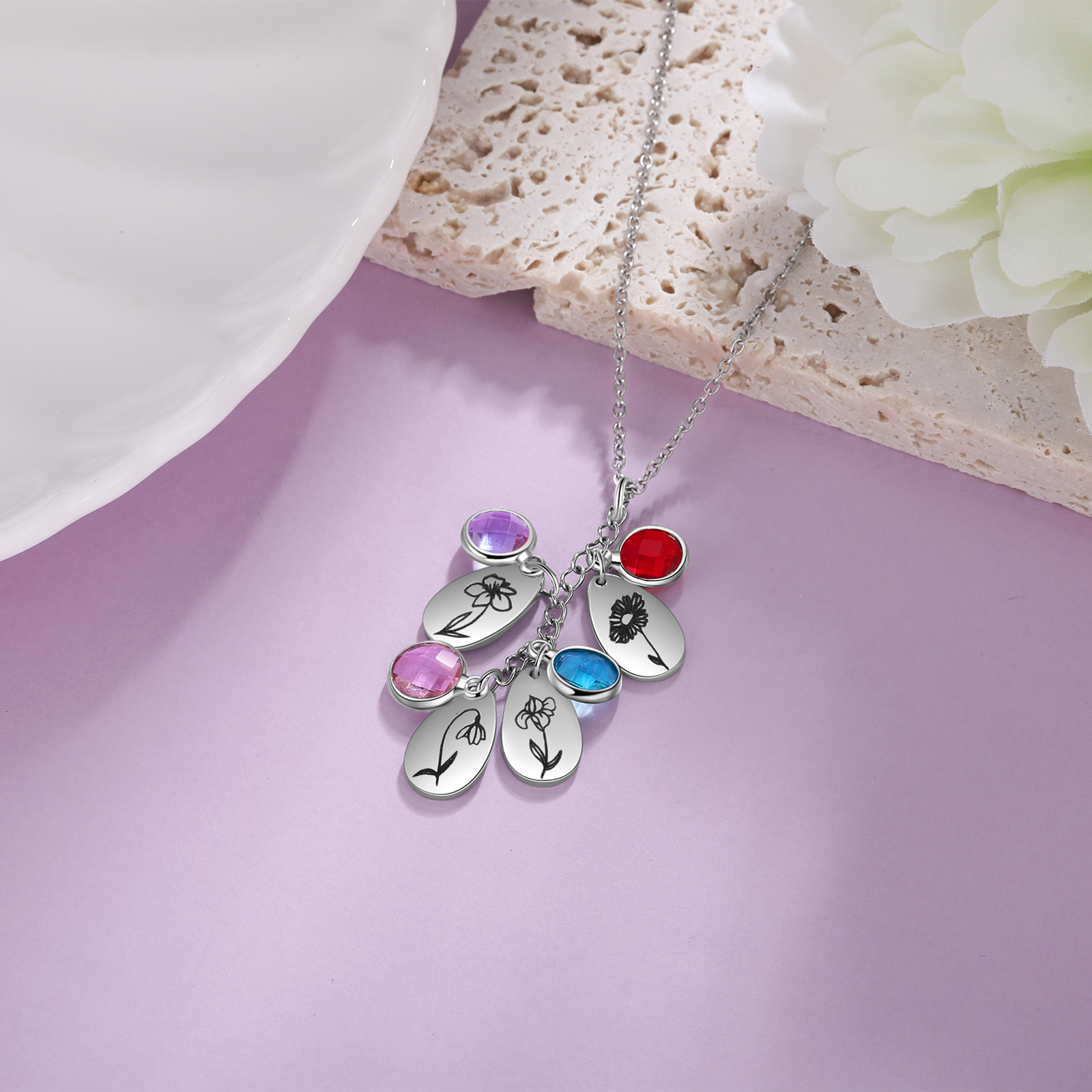 Personalised BirthFlowers Necklace With 4 Birthstones Best Gift For Women-Jessemade AU