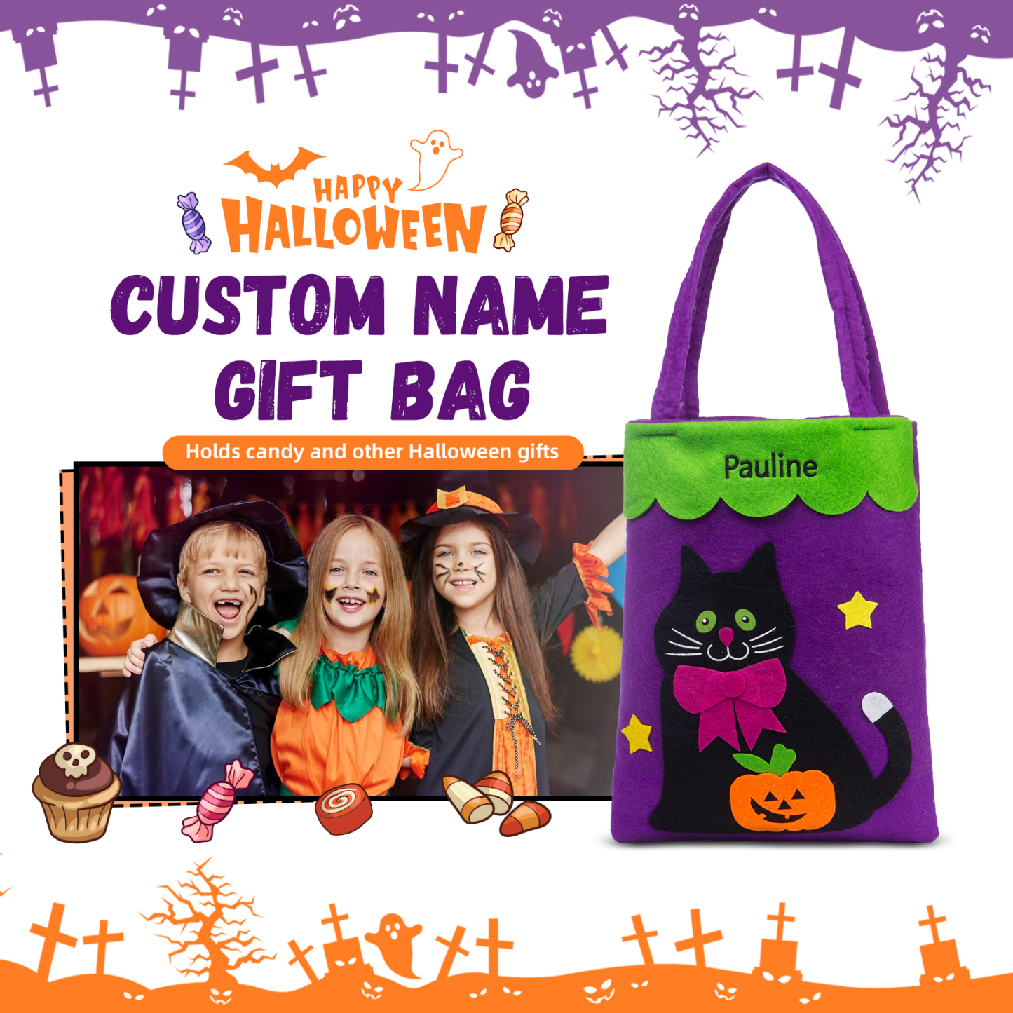 Personalised Halloween Tote Bags Custom 1 Name Tote Bag Halloween Candy Bag for Kids-Jessemade AU